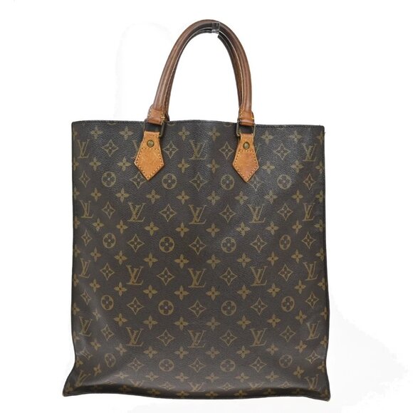 LOUIS VUITTON Logo Sac Plat Hand Tote Bag Monogram Leather Brown M51140 65FC149 - Picture 1 of 12